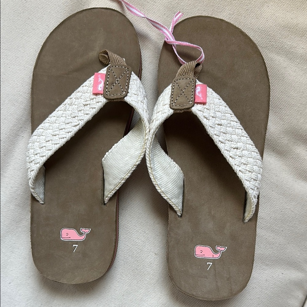New Vineyard Vines White and Brown Sandals with Braided Straps